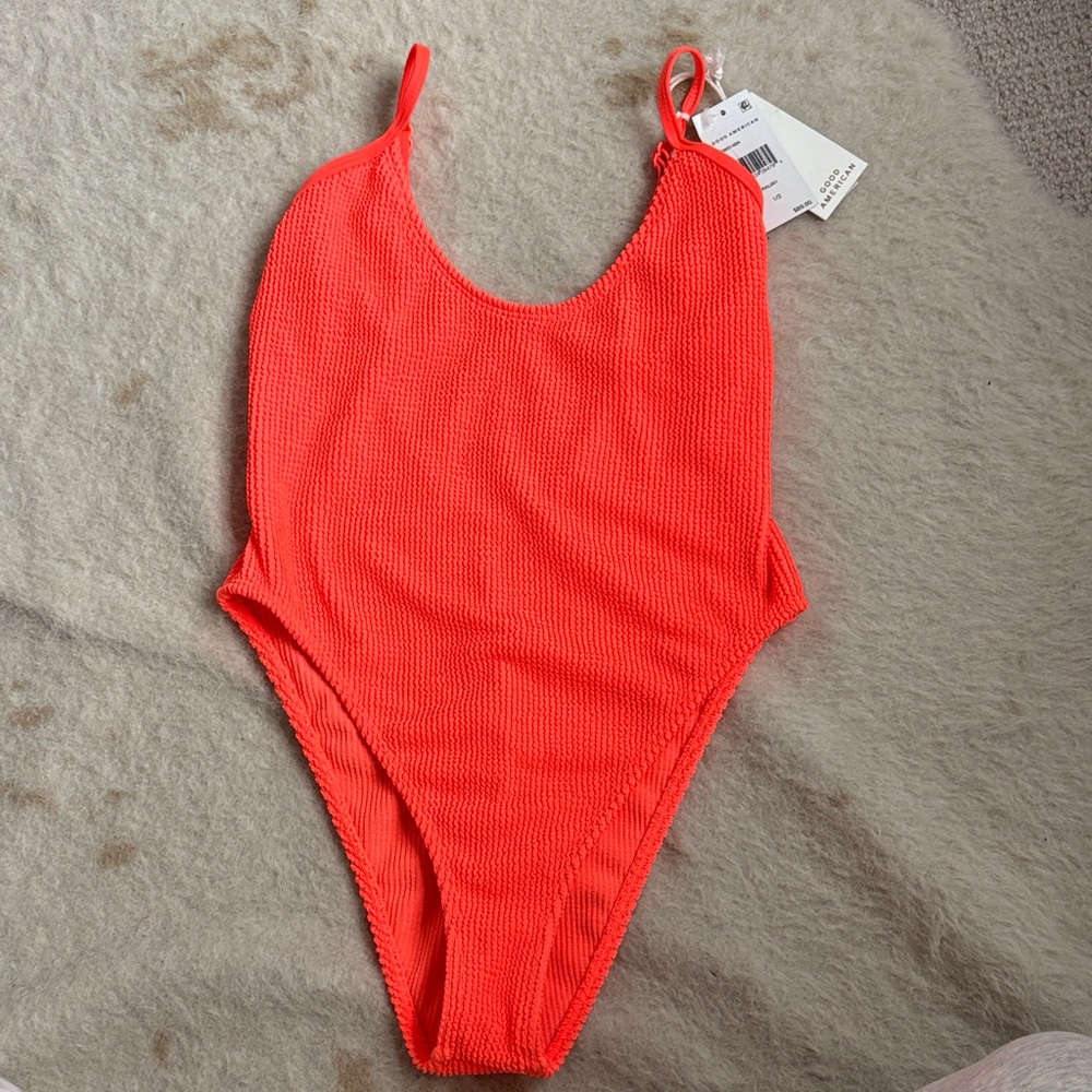 Good American Neon Coral Ribbed One-Piece Swimsuit